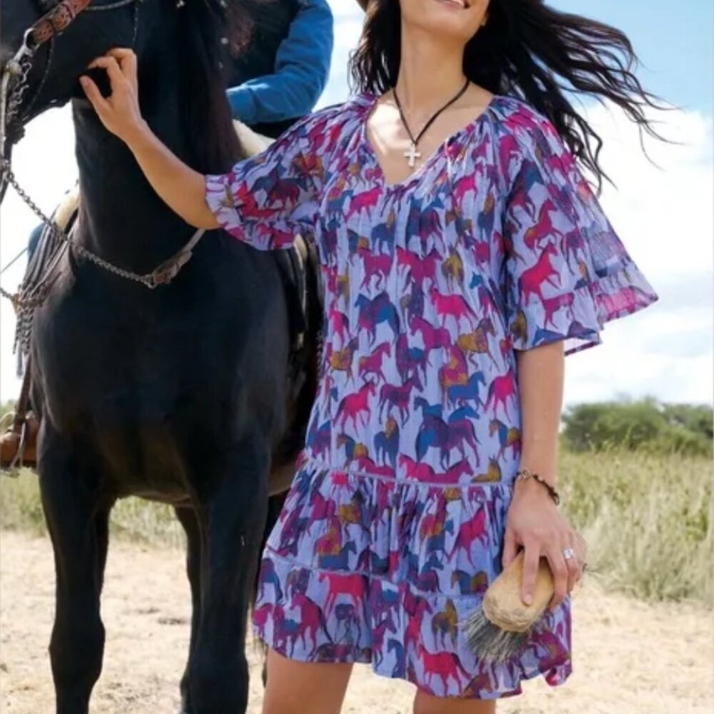 NEW, SUNDANCE Aisha Printed Dress with Slip, Periwinkle Horse Print, Size LARGE